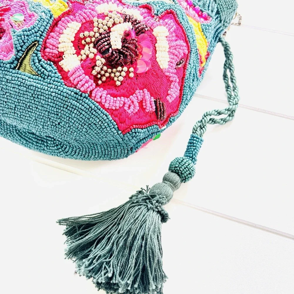 TikTok Viral India Beaded Bucket Bag Floral Embroidered Tassels Teal Crossbody